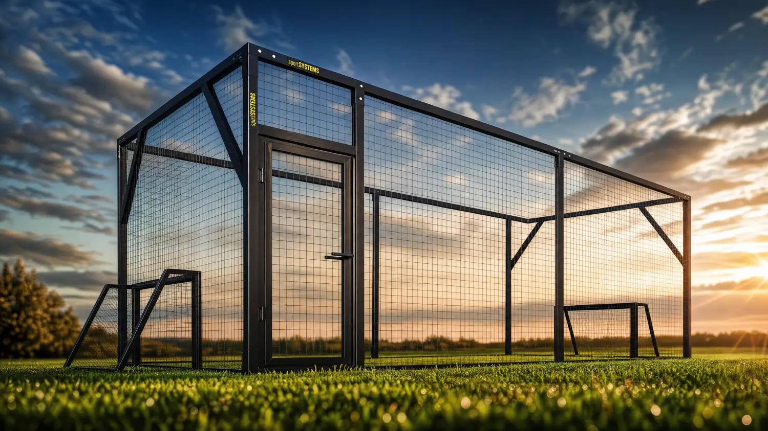 Football Box 9x4,5m - boisko piłkarskie z piłkochwytami o zachodzie słońca