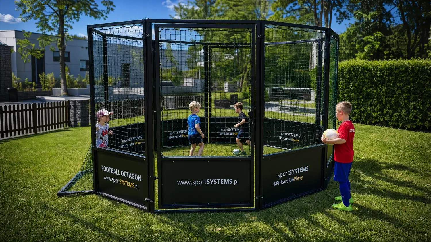 Football Octagon - dzieci grają w ośmiokątnym mini boisku piłkarskim w ogrodzie